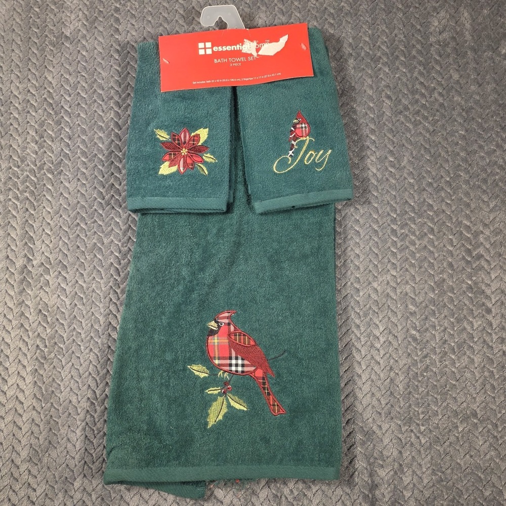K-Mart Essential Home Christmas Cardinal‎ Bath Towel Set 3 Piece NWT Green